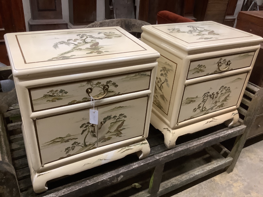 A pair of painted Chinese style bedside cabinets, width 56cm, depth 40cm, height 60cm